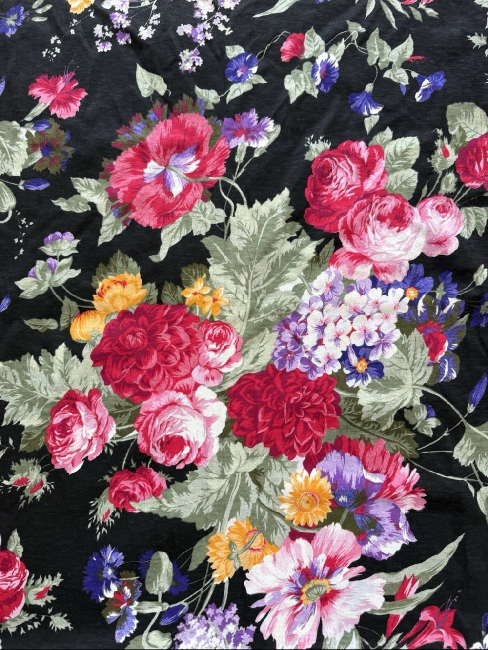 Vintage 90s JBJ Fabrics Stretch Knit Black Floral Fabric 1 yard + 14" L x 62" W